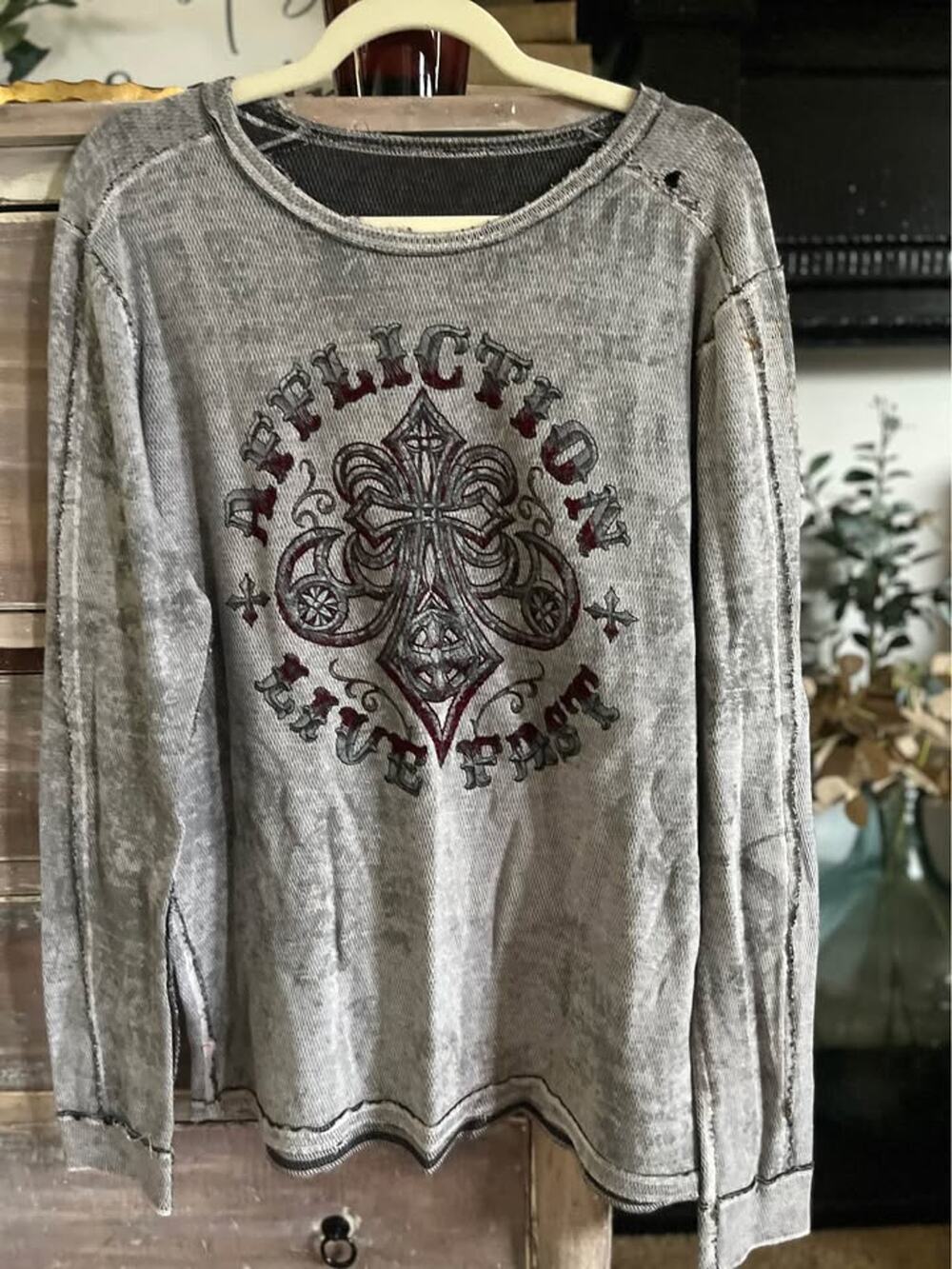 Vintage Y2K Affliction Long Sleeve Thermal Graphic Shirt Skull Cross Wings Large